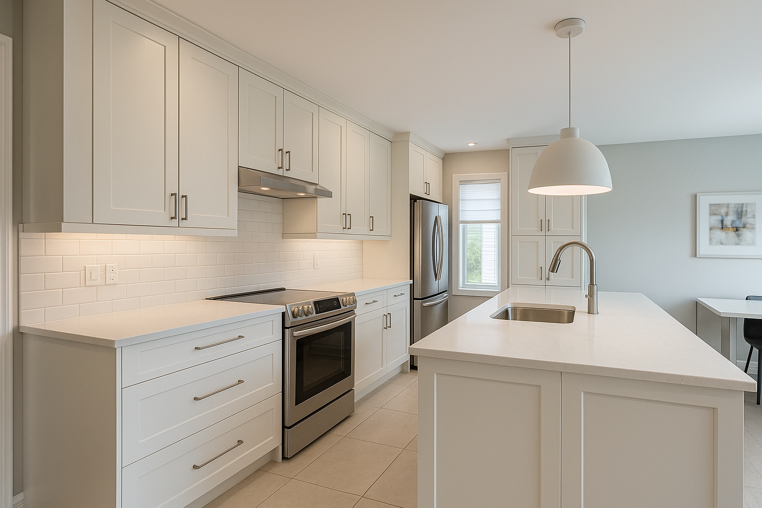Shaker style kitchen refacing with white cabinet doors and brushed nickel hardware