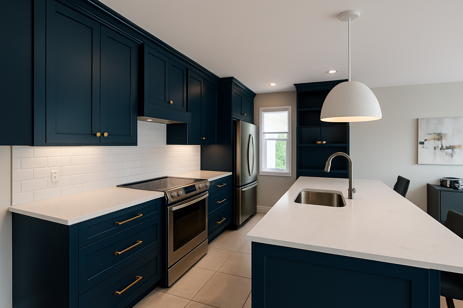Navy blue kitchen refacing with modern slab-style cabinet doors and gold handles