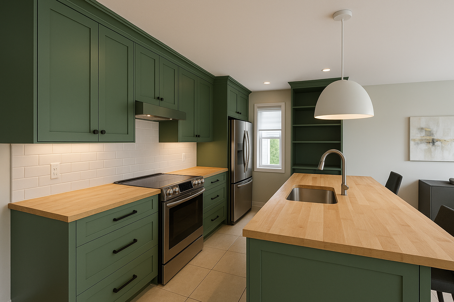 Green kitchen refacing with sage colored cabinet doors in a farmhouse style kitchen