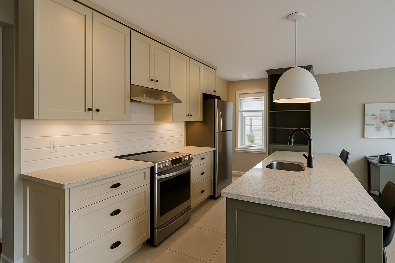 Farmhouse style kitchen refacing with rustic wood grain cabinet doors and black iron hardware